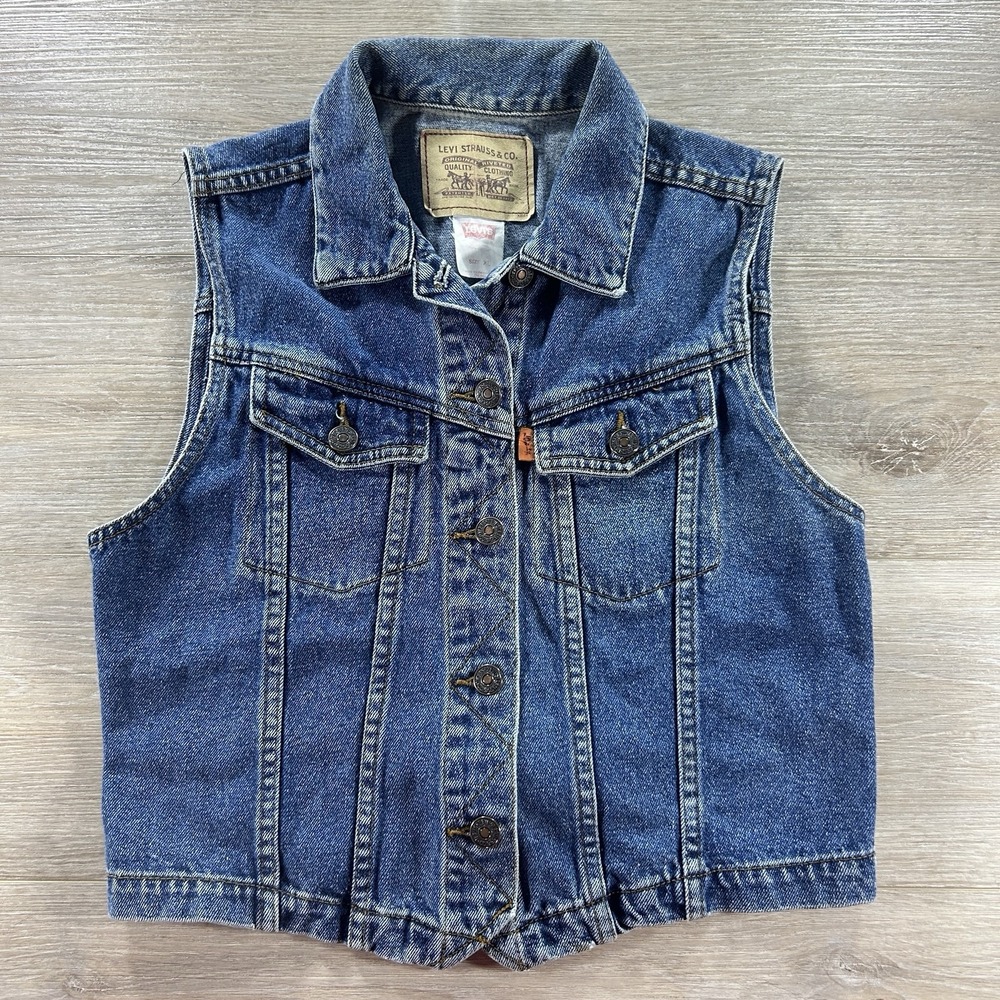 VTG 80s Levis Denim Vest Women XL Dark Blue Sleeveless Jean Jacket Orange Tab